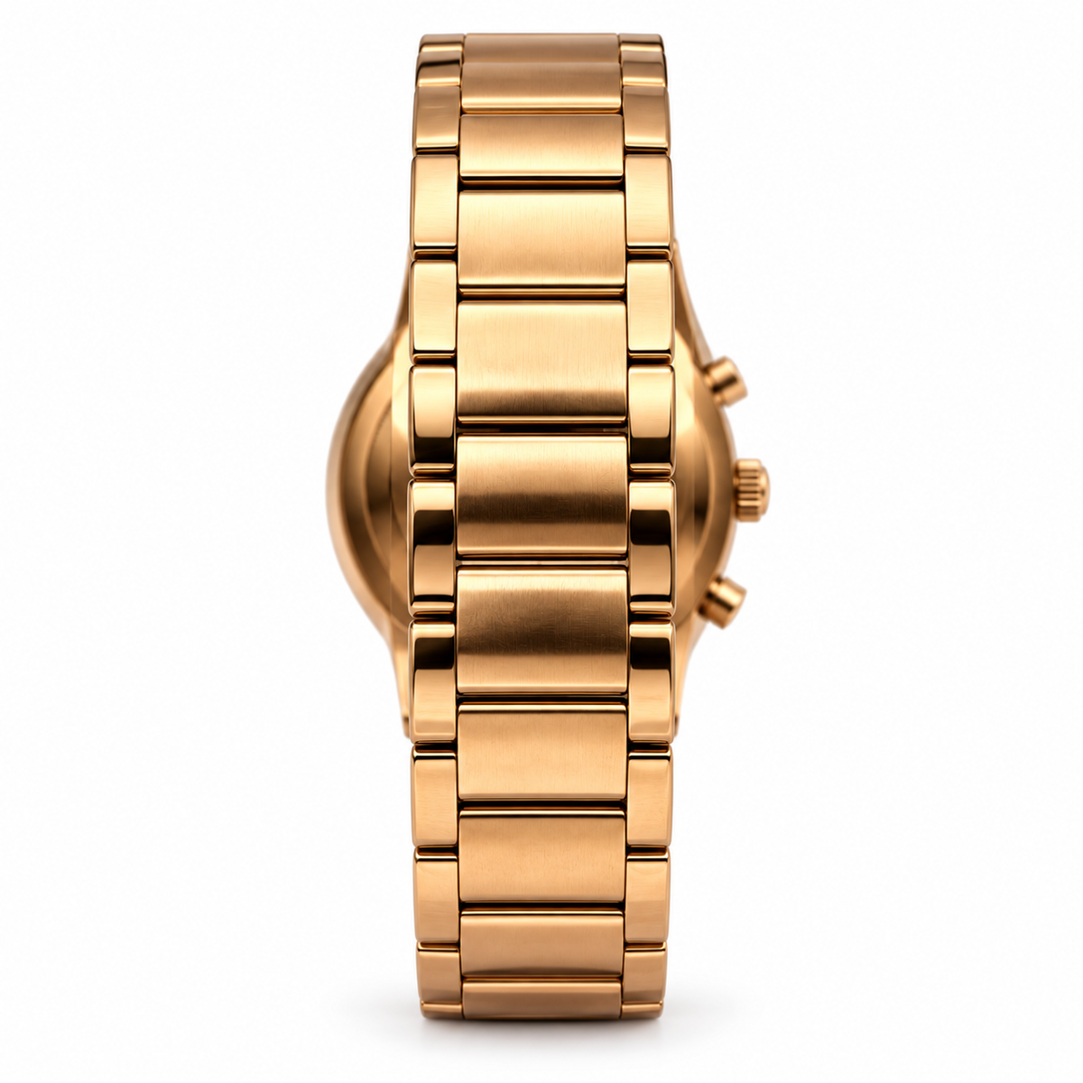 Rose gold stainless steel watch with a matching link bracelet, shown from the back on a white background.