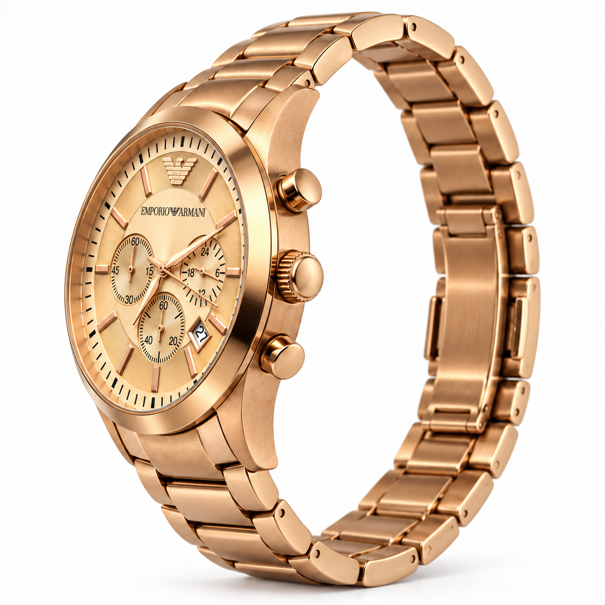 A rose gold Emporio Armani chronograph watch with a matching metal link bracelet, displayed on a clean white background.