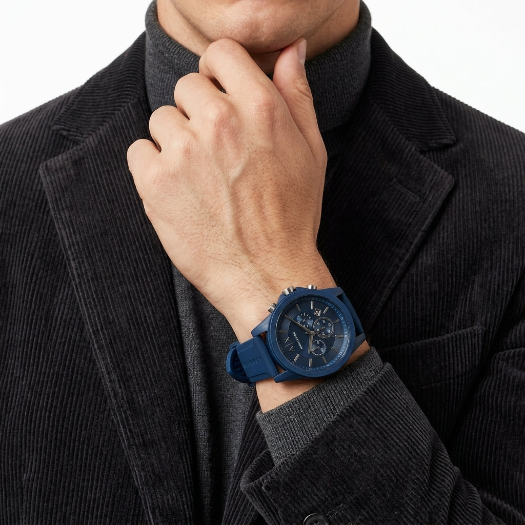 A men's sport watch with a dark blue silicone strap and a matching dark blue dial, shown on a model's wrist wearing a dark corduroy jacket and grey turtleneck.