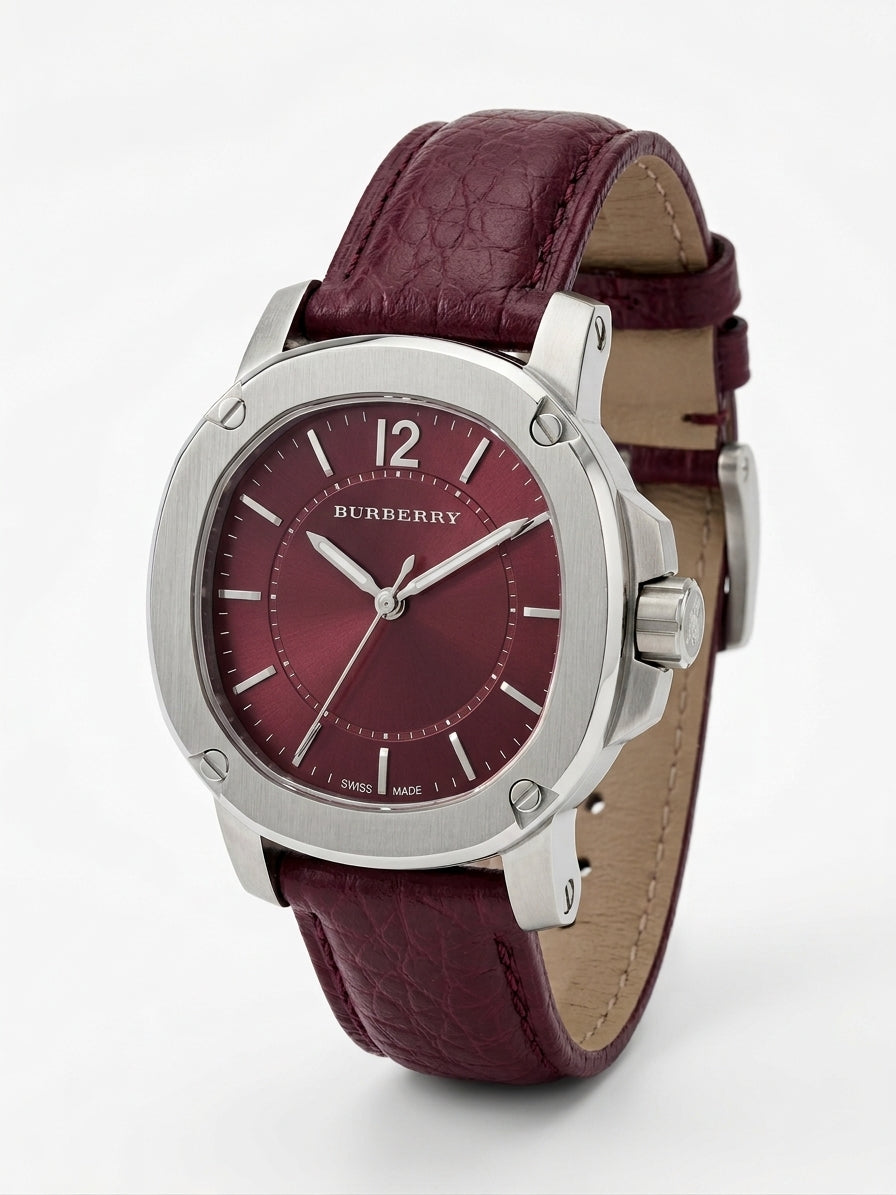 Burberry The Britain Brushed Silver Case Magenta Burgundy Dial Burgundy Leather BBY1715