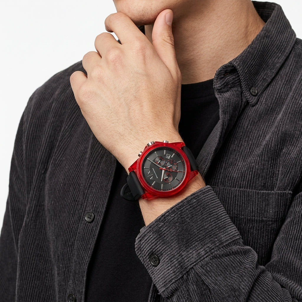 A close-up of a person wearing a Swatch wristwatch with a vibrant red case, black dial, and black strap, styled with a dark gray corduroy shirt.