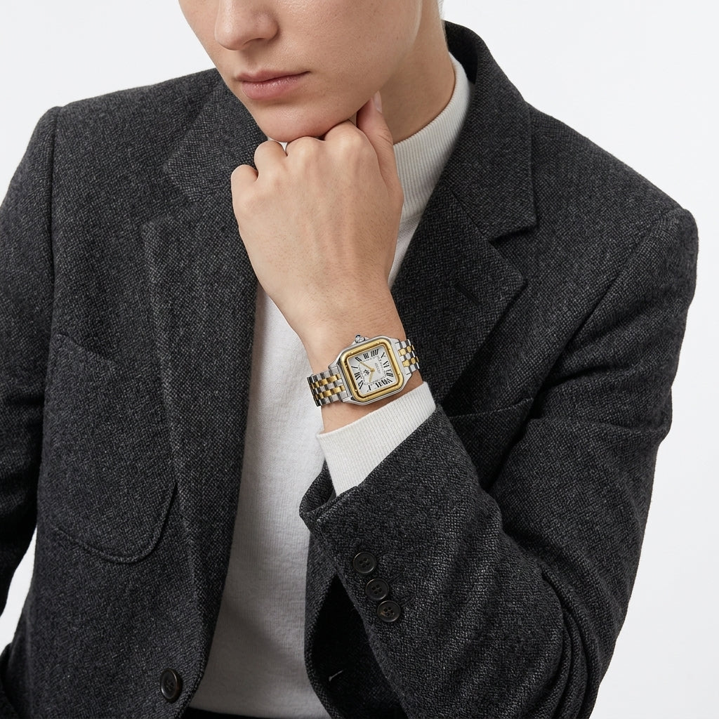 A close-up of a person wearing a gold-toned Cartier watch with a two-tone metal bracelet, styled with a dark gray blazer and white turtleneck.