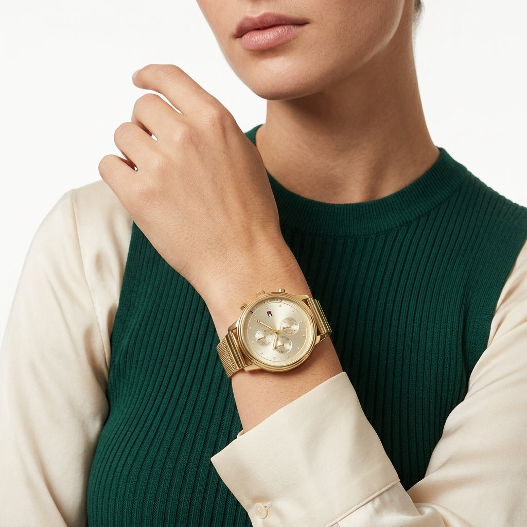A gold-tone wristwatch with a white dial and mother-of-pearl style bezel, worn on a model's wrist. The model is wearing a cream-colored long-sleeve shirt under a dark green ribbed knit sweater, against a clean white background.