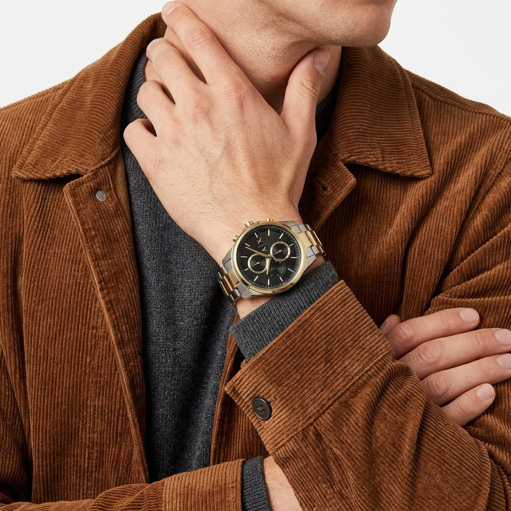 A close-up of a man wearing a brown corduroy jacket over a dark gray sweater, showcasing a gold-tone and stainless steel dial watch on his wrist.