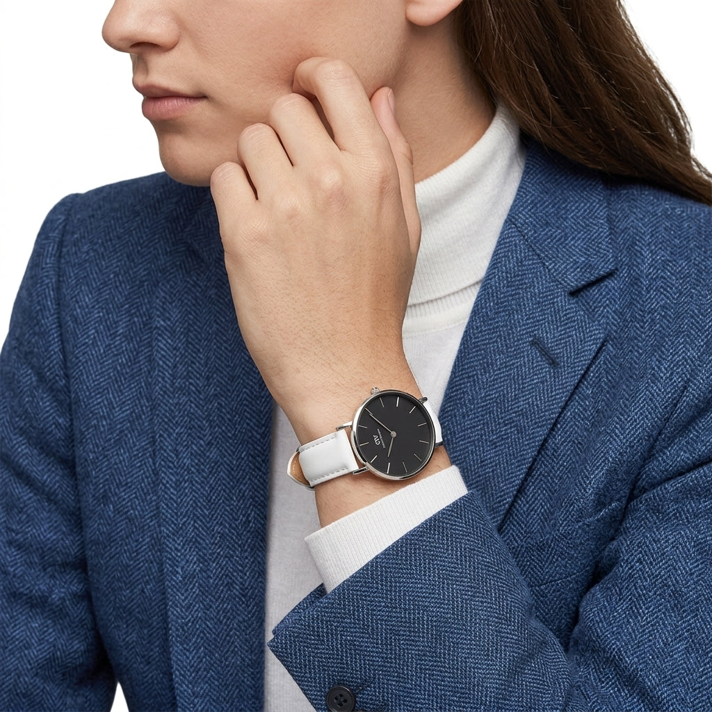 Daniel Wellington Petite Bondi Black Dial 32mm Silver Case White Leather Ladies Watch DW00100284