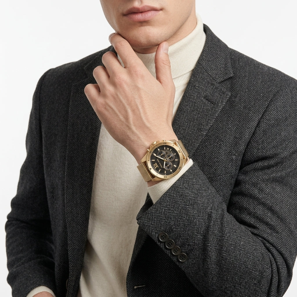 A close-up of a man wearing a gold-tone wristwatch with a black dial and matching gold-tone bracelet, styled with a cream turtleneck sweater and a dark gray herringbone blazer against a clean white background.
