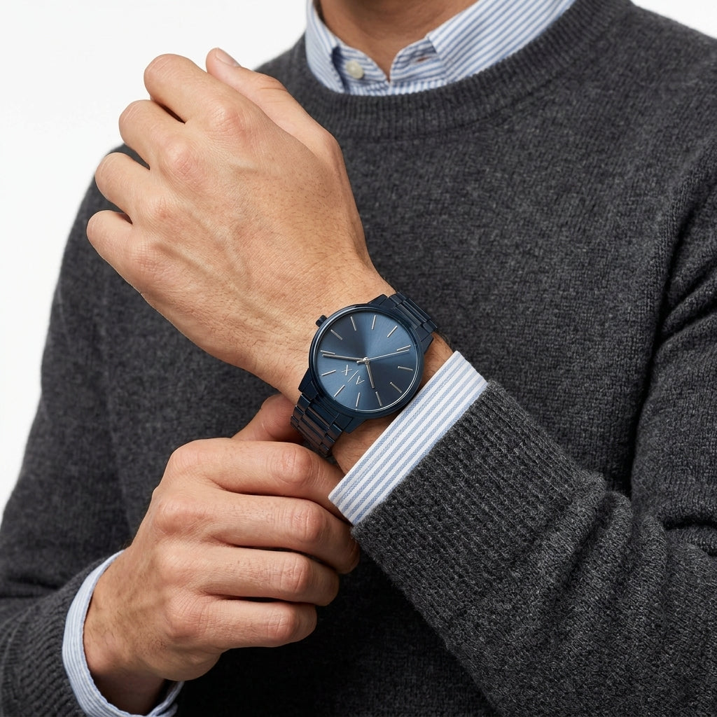 A close-up of a man wearing a dark blue analog watch with a matching dark strap, shown on his wrist as he adjusts his striped dress shirt cuff with a dark gray knit sweater.