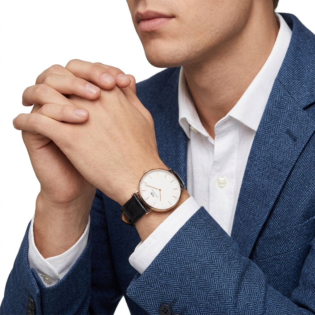 Daniel Wellington Reading 36mm White Dial Black Genuine Leather Gold Watch - DW00100041