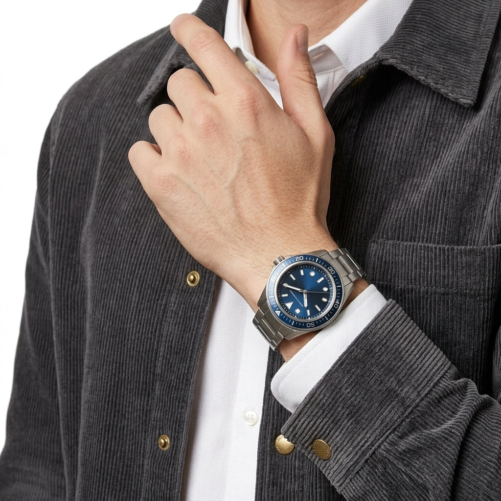 A close-up of a man wearing a silver-toned metal watch with a blue dial and bezel, styled with a white collared shirt and a dark gray corduroy jacket.