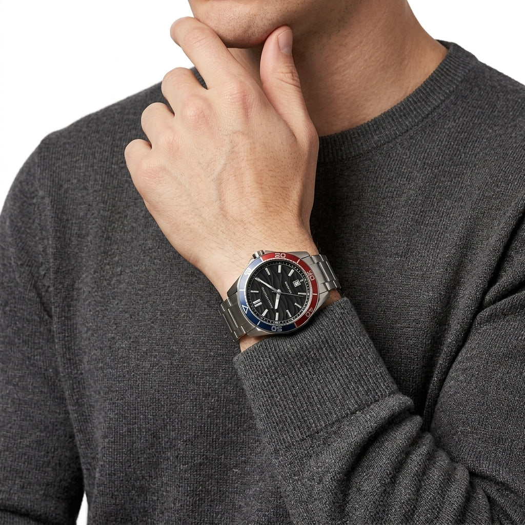 A close-up of a man wearing a silver-toned metal watch with a black dial and a red and blue bezel, shown on his wrist as he wears a dark gray knit sweater.