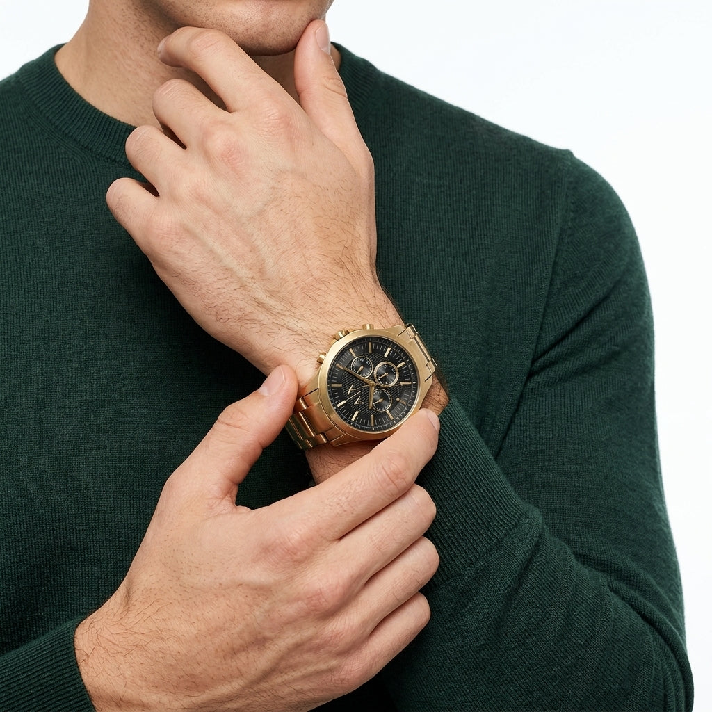 A close-up of a man wearing a gold-tone wristwatch with a black dial and matching black-and-gold bracelet, styled with a dark green knit sweater against a white background.
