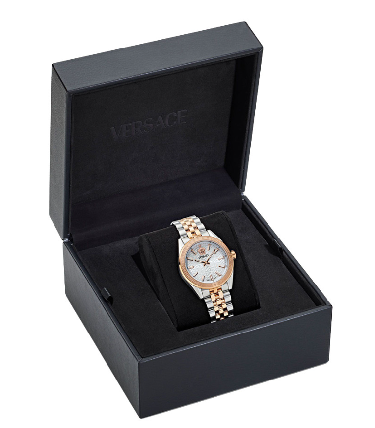 Versace V-Code Analog White Dial Two Tone Steel Strap Watch for Women - VE8I00624
