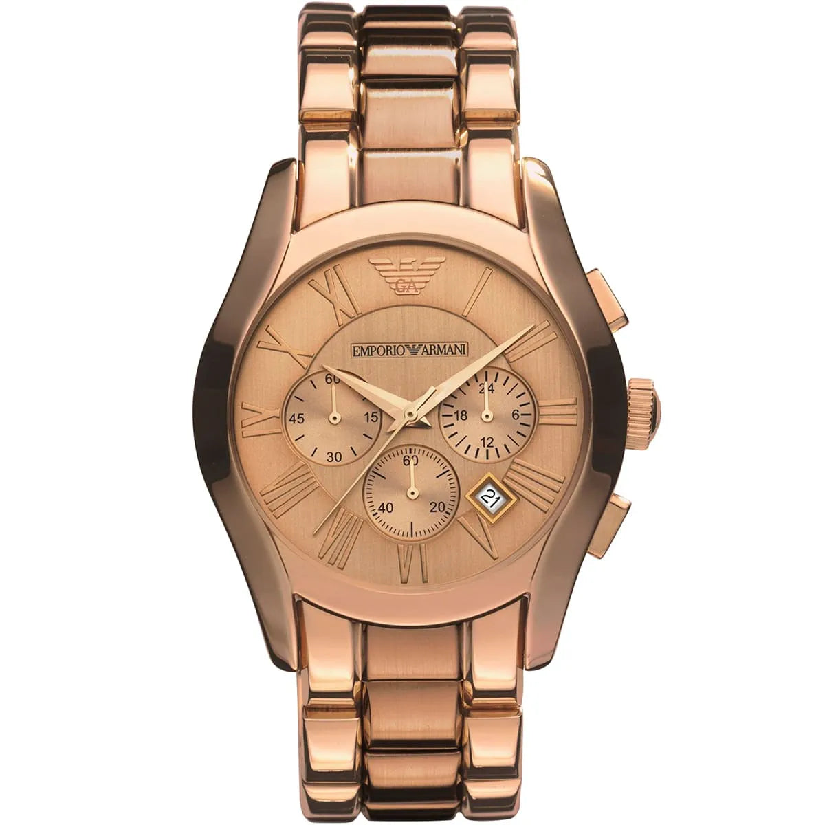 Emporio Armani AR0365 rose gold chronograph watch with rose gold dial and metal bracelet
