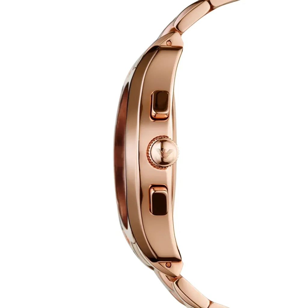 Emporio Armani AR0365 rose gold chronograph watch side view with chronograph pushers