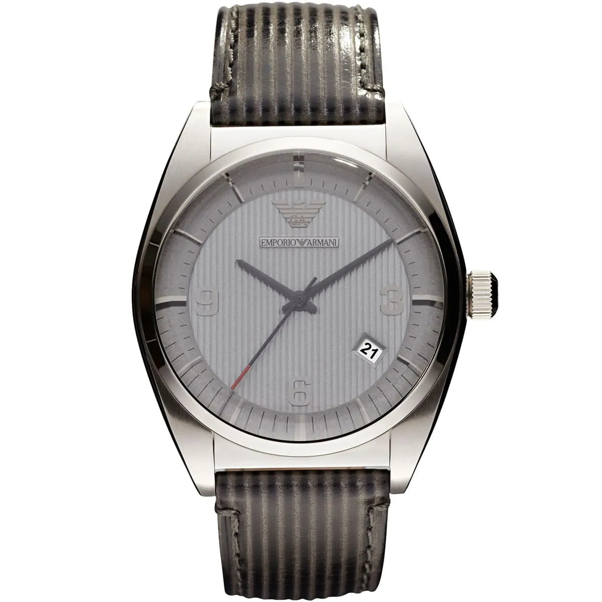 Emporio Armani AR0366 men's watch with grey dial, grey leather strap, and stainless steel case