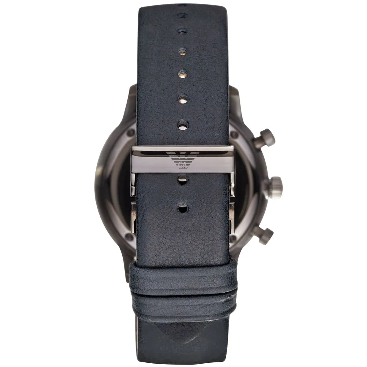 Caseback view of AR0388 showing black leather strap and metal clasp