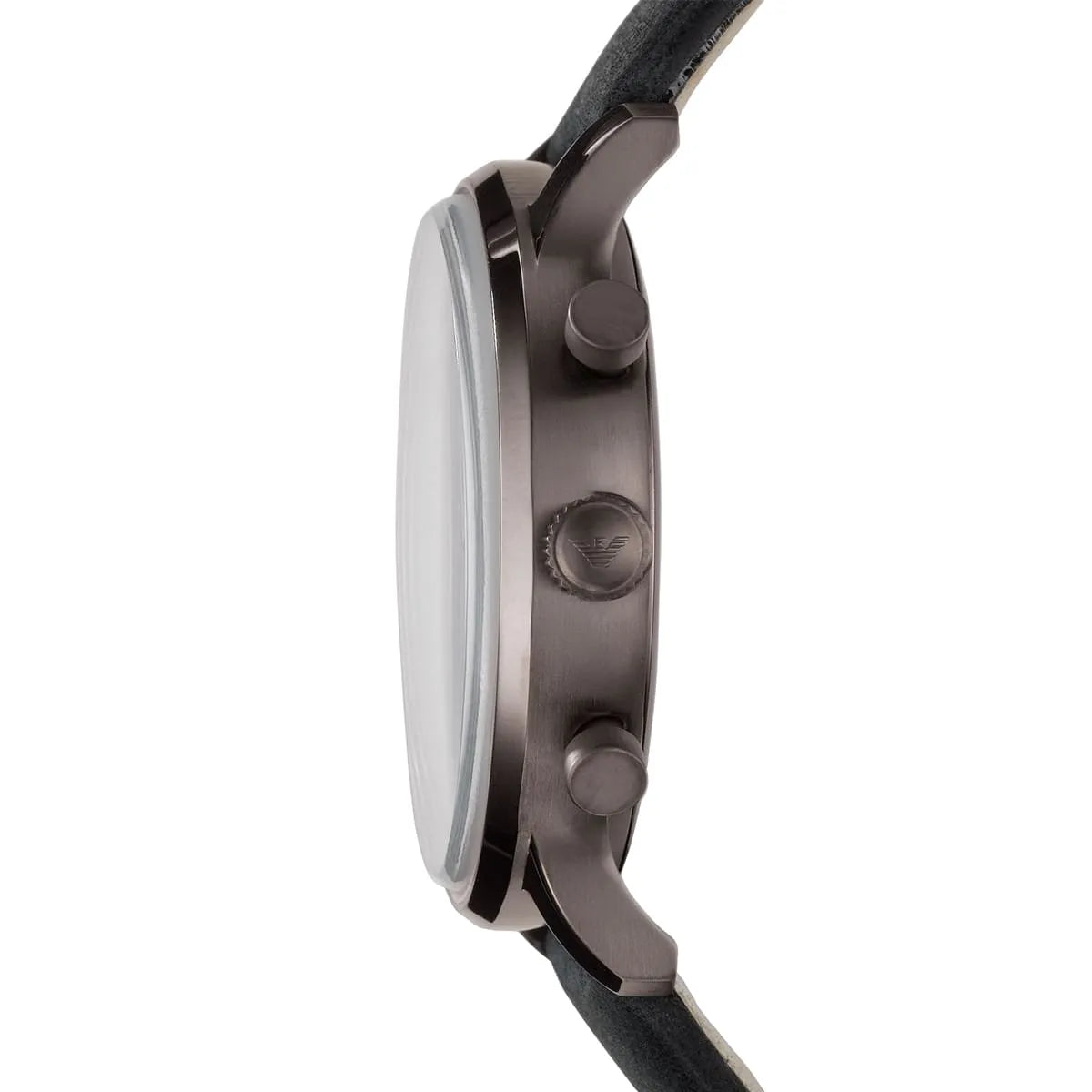 Side profile of AR0388 displaying case thickness and black leather strap