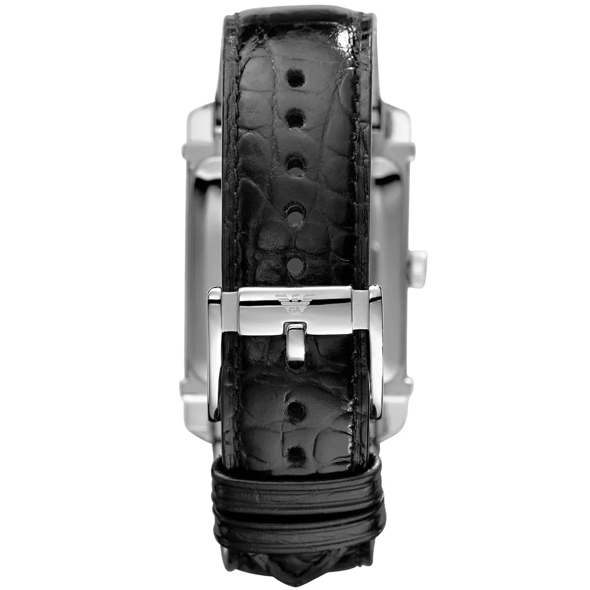 Black crocodile-embossed leather strap with metal clasp detail for Emporio Armani Marco watch