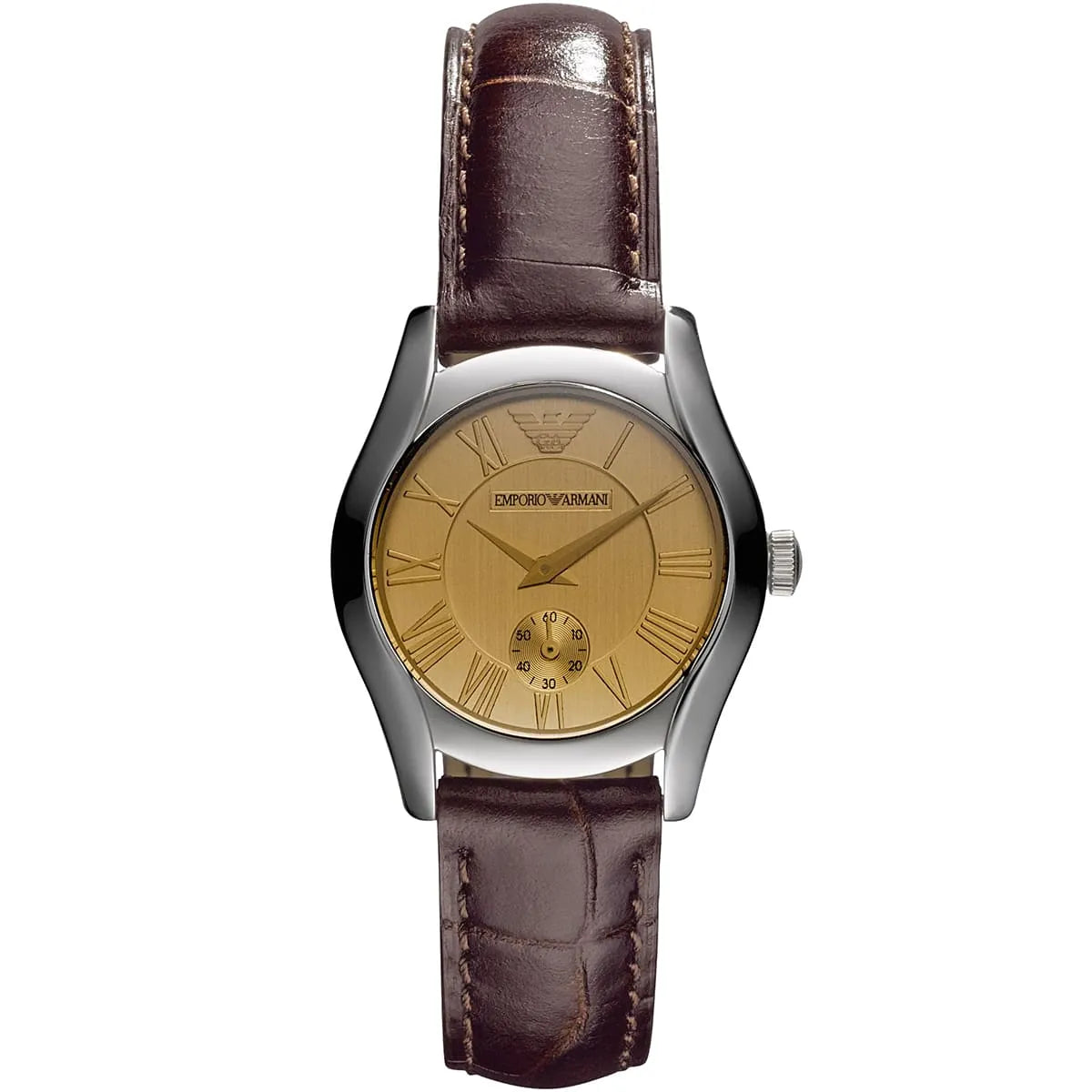 Emporio Armani AR0646 watch with beige dial, Roman numerals, brown leather strap, and stainless steel case