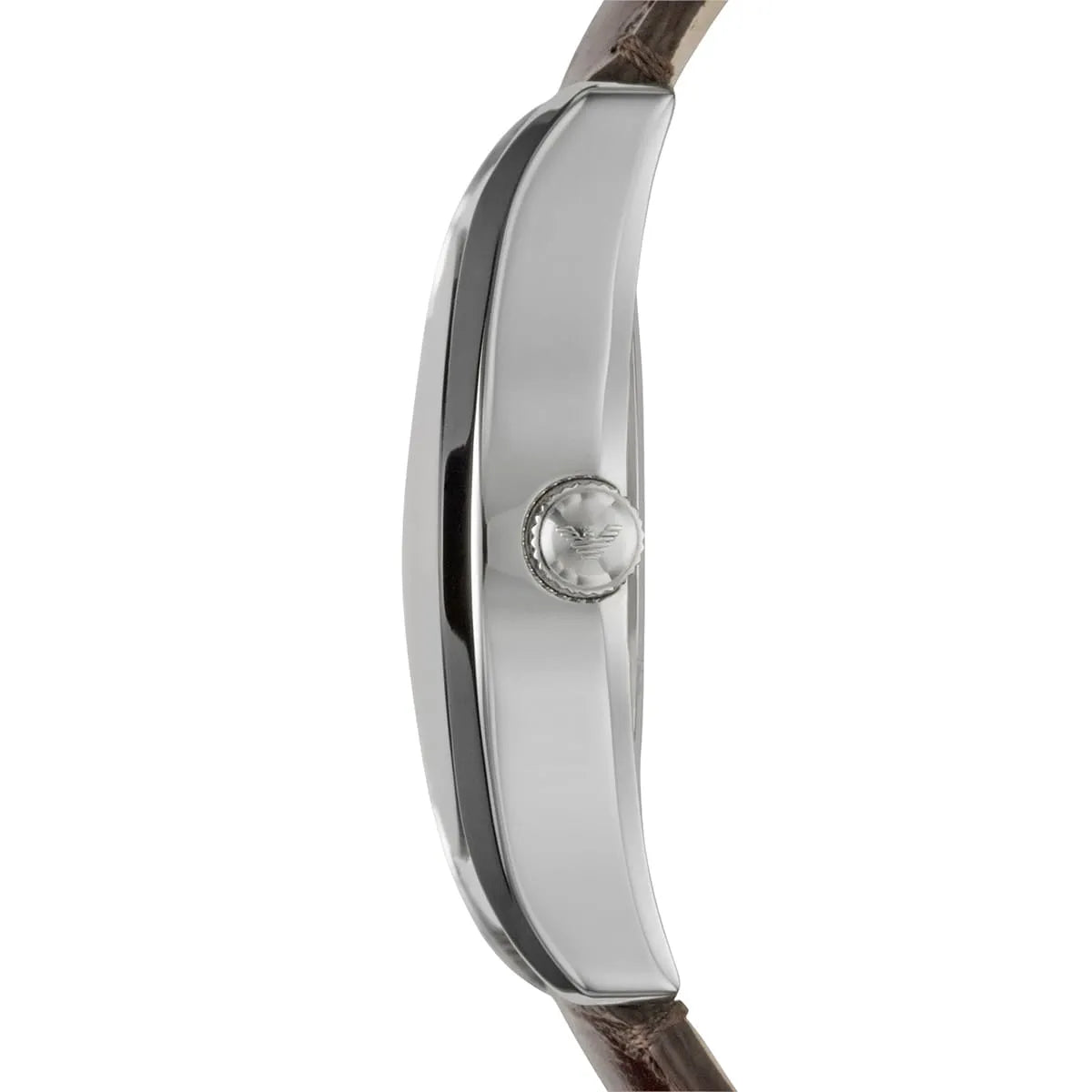 Emporio Armani AR0646 side profile showing thin stainless steel case and brown leather strap
