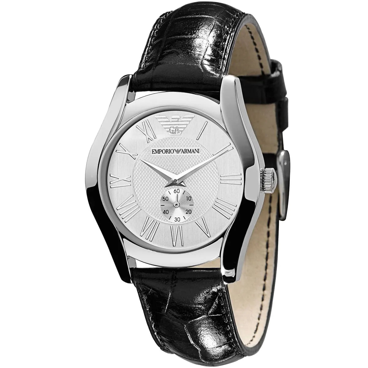 Emporio Armani AR0676 women's watch with white dial, Roman numerals, black leather strap, silver case