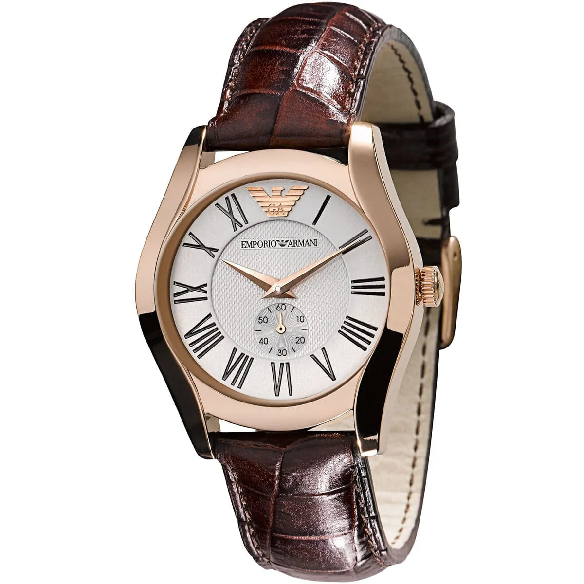 Emporio Armani AR0678 women's watch with rose gold case, white dial with Roman numerals, and brown croc-embossed leather strap
