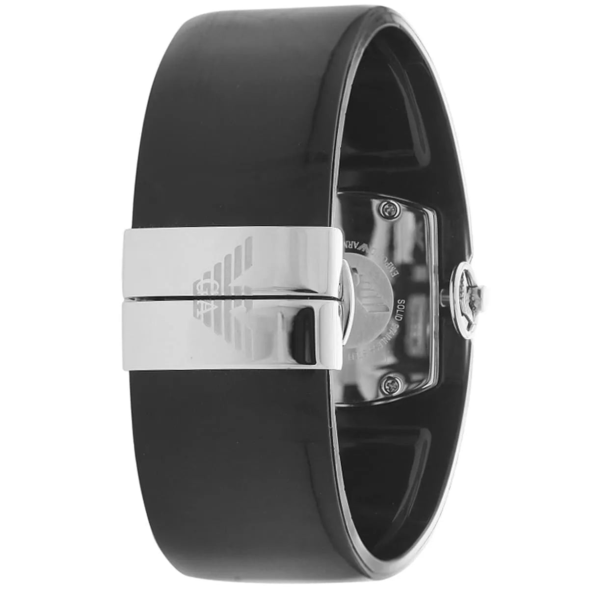 Emporio Armani AR0739 watch shown from angle with white metal clasp detail