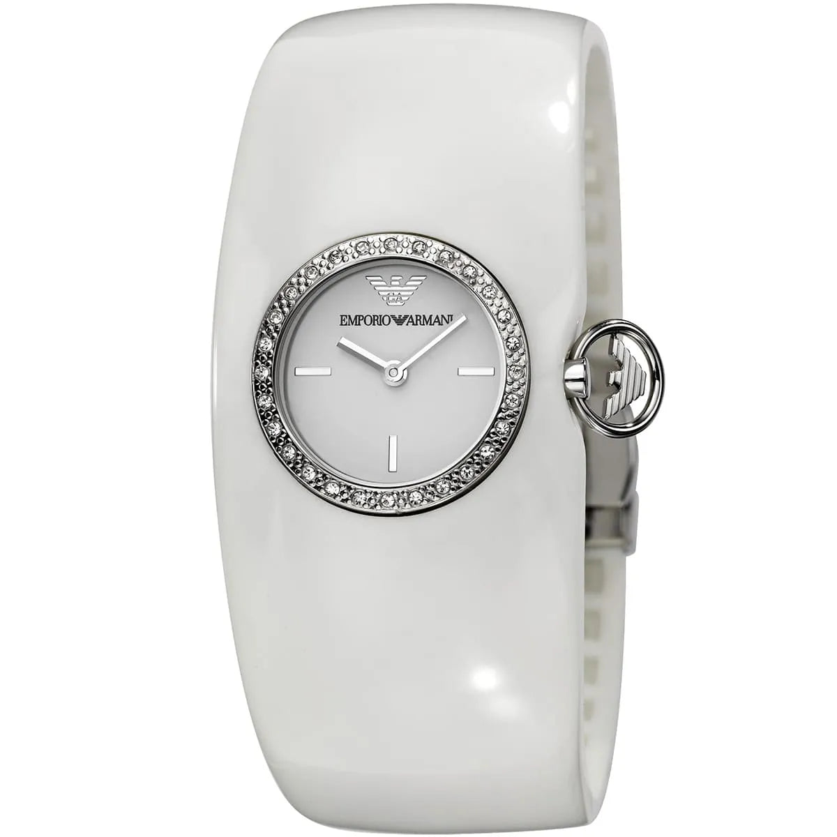 Emporio Armani AR0740 ladies watch with white dial, crystal bezel, and white plastic strap