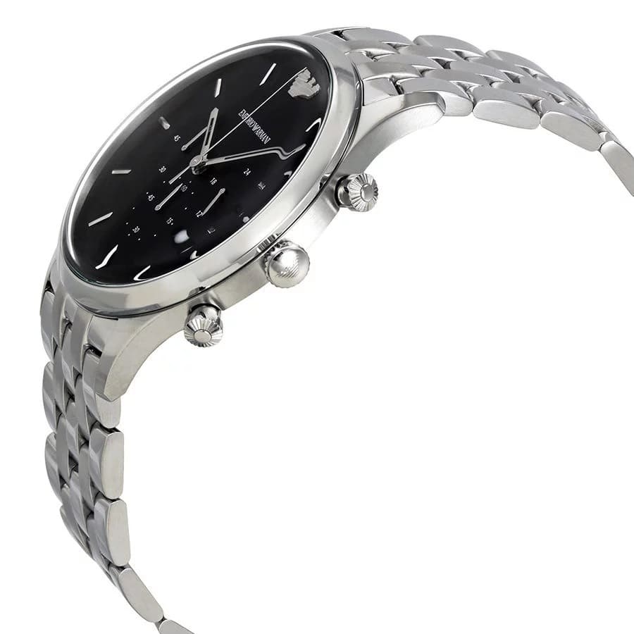 Side angle view of AR11017 Emporio Armani chronograph showing case and stainless steel bracelet