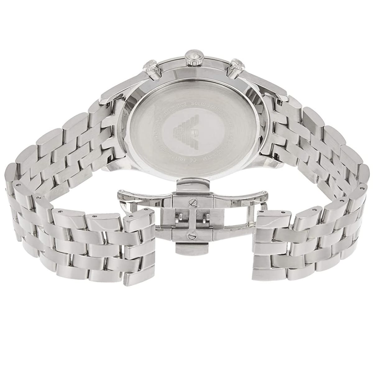 Rear view of AR11017 showing case back with Emporio Armani branding and stainless steel bracelet