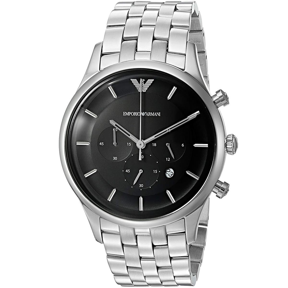 Front view of AR11017 Emporio Armani men's chronograph with chronograph subdials and black dial