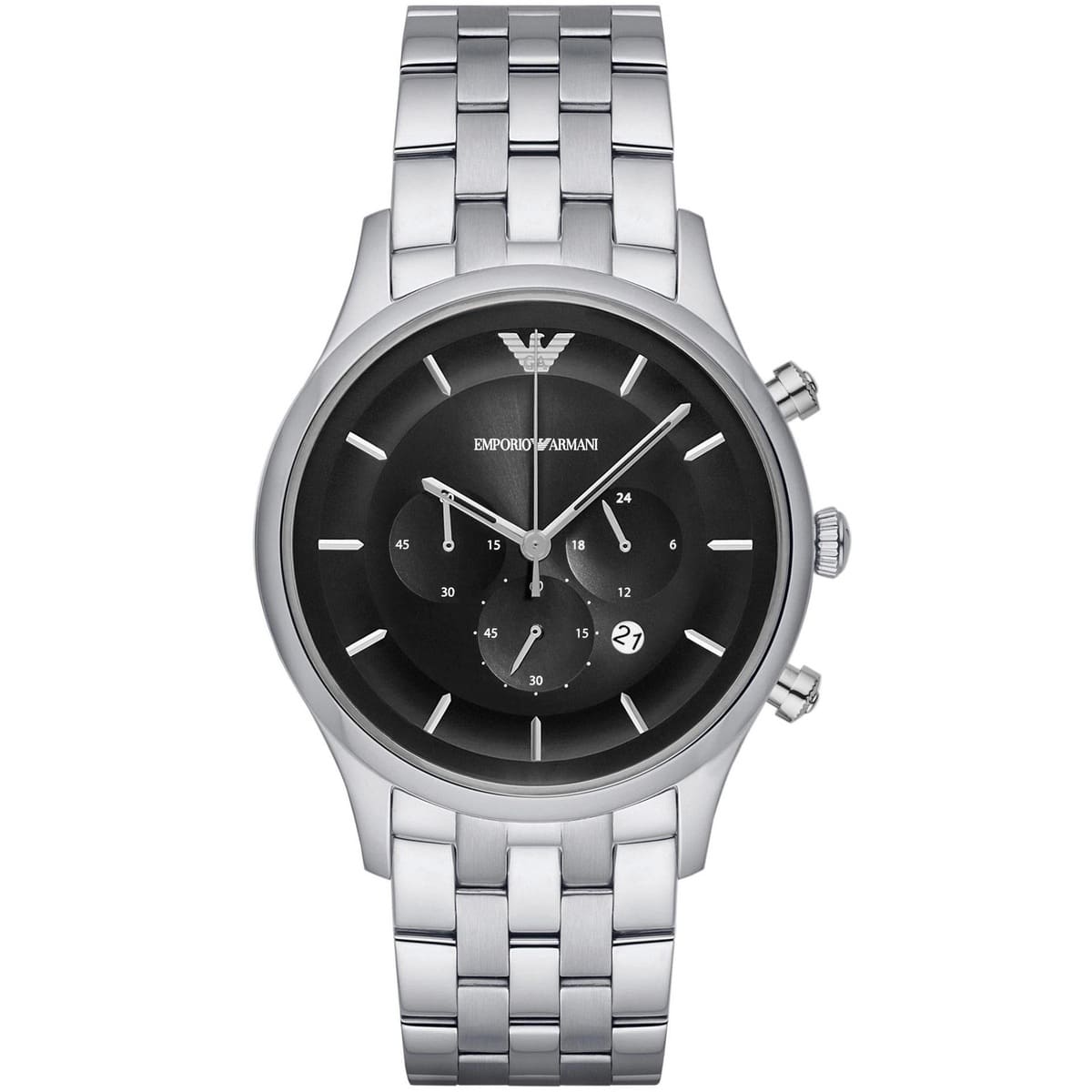 Emporio Armani AR11017 chronograph watch with black dial and silver stainless steel bracelet