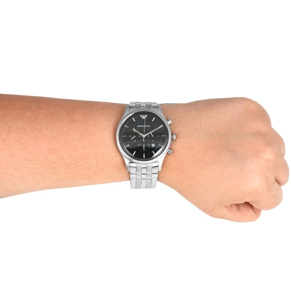 AR11017 Emporio Armani chronograph watch worn on wrist with black dial visible