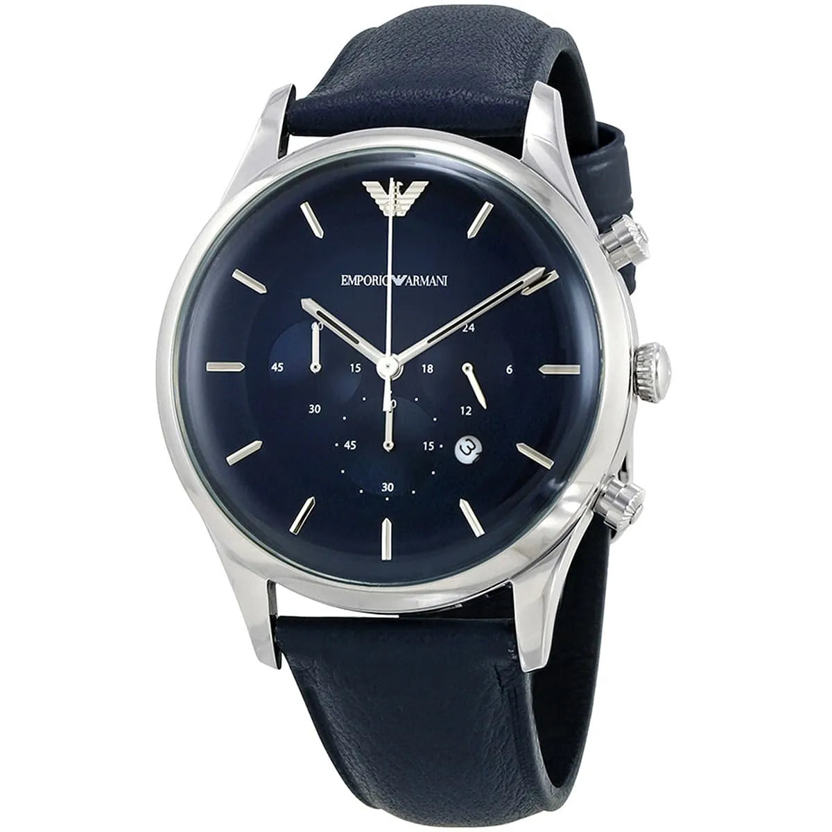 AR11018 watch angled view showing silver case and chronograph subdials on blue dial
