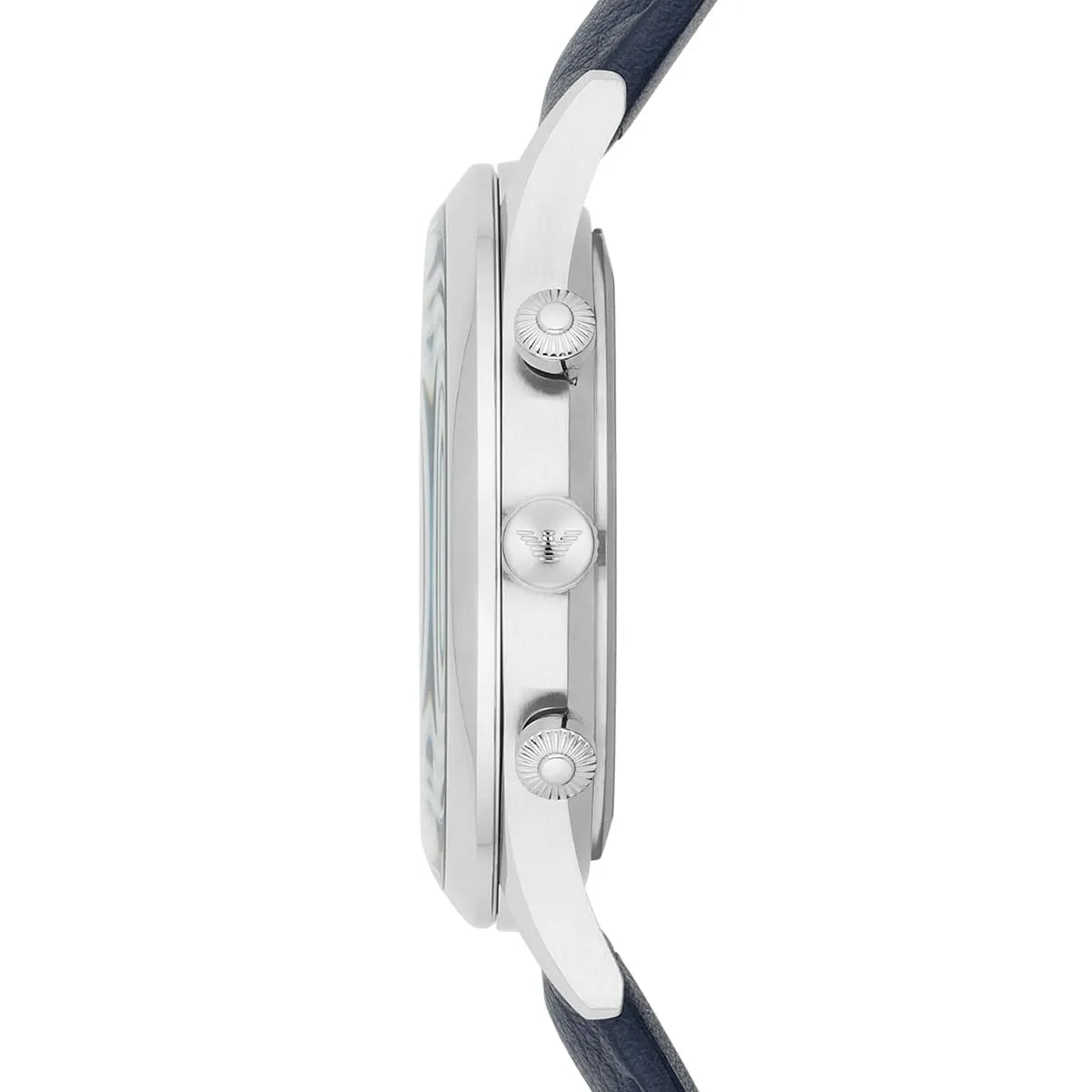 Close-up side profile of AR11018 showing stainless steel case profile and chronograph pushers