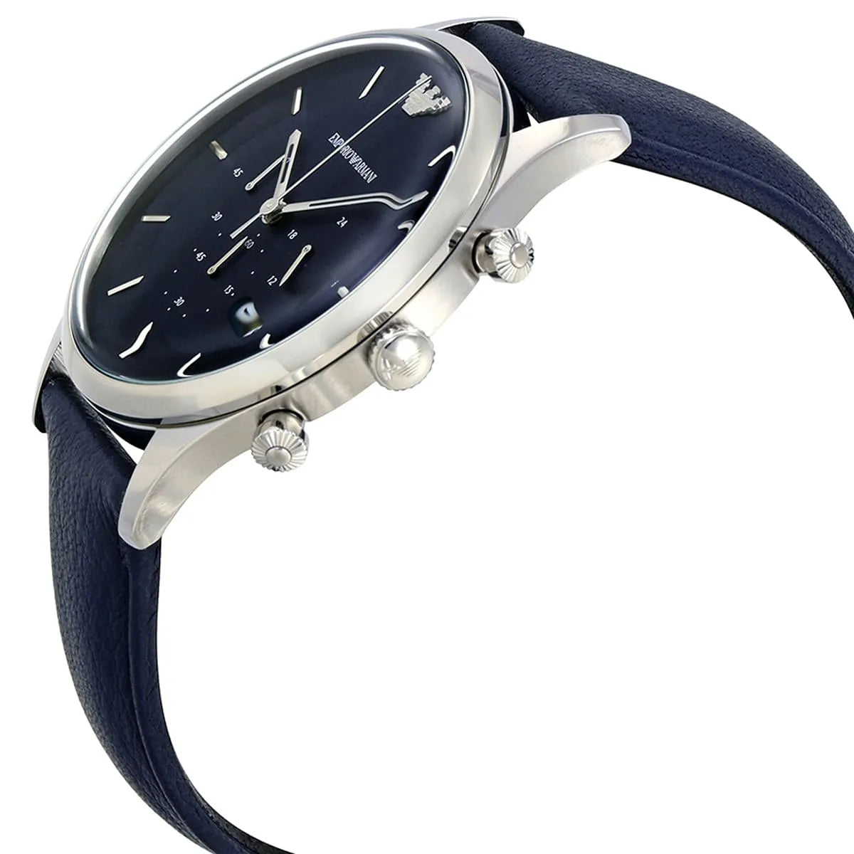 Side view of AR11018 chronograph watch showing silver case and pushers with leather strap