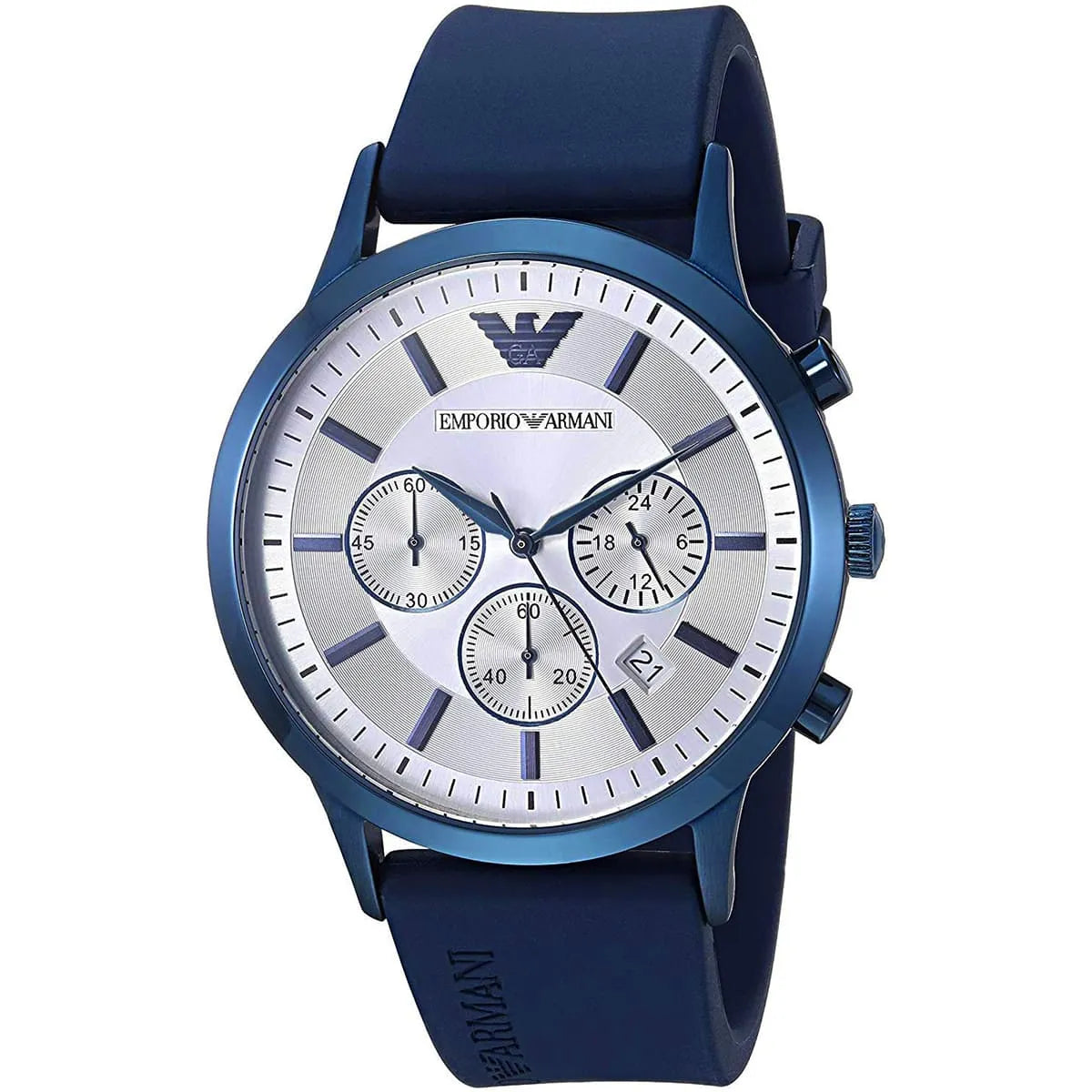 Emporio Armani Renato AR11026 watch angled view showing silver dial and blue strap