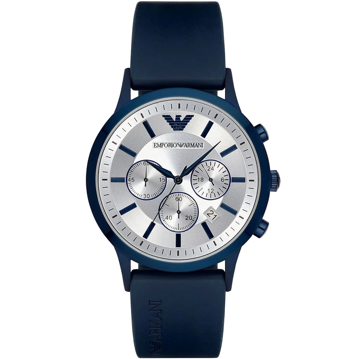 Emporio Armani Renato AR11026 chronograph watch with silver dial and blue silicone strap