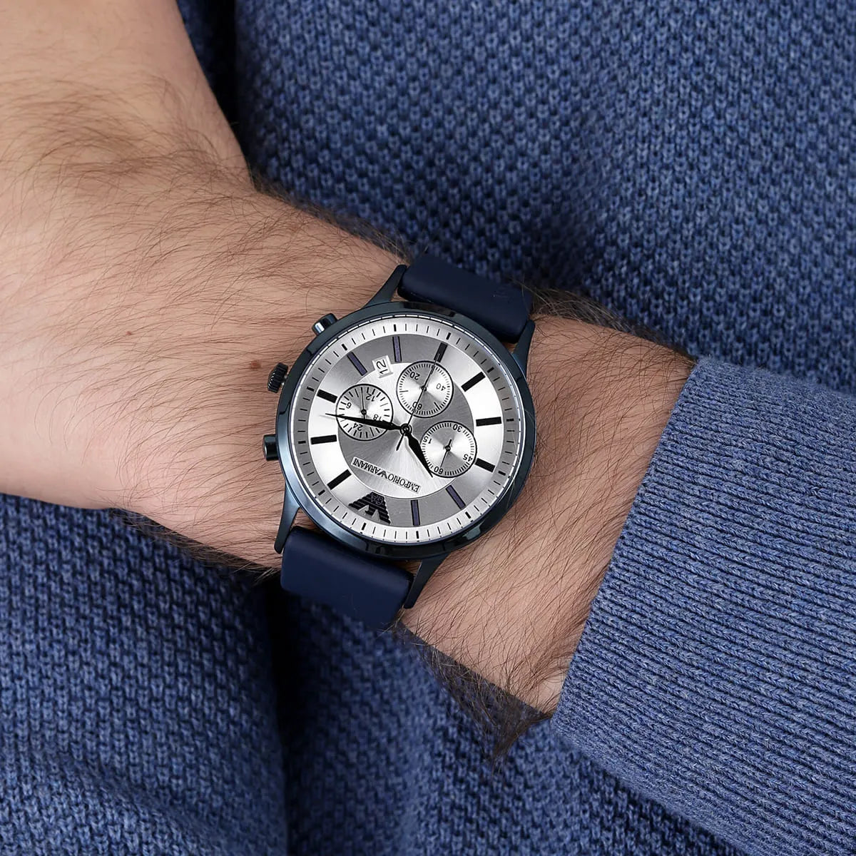 Emporio Armani Renato AR11026 chronograph watch worn on wrist with silver dial visible