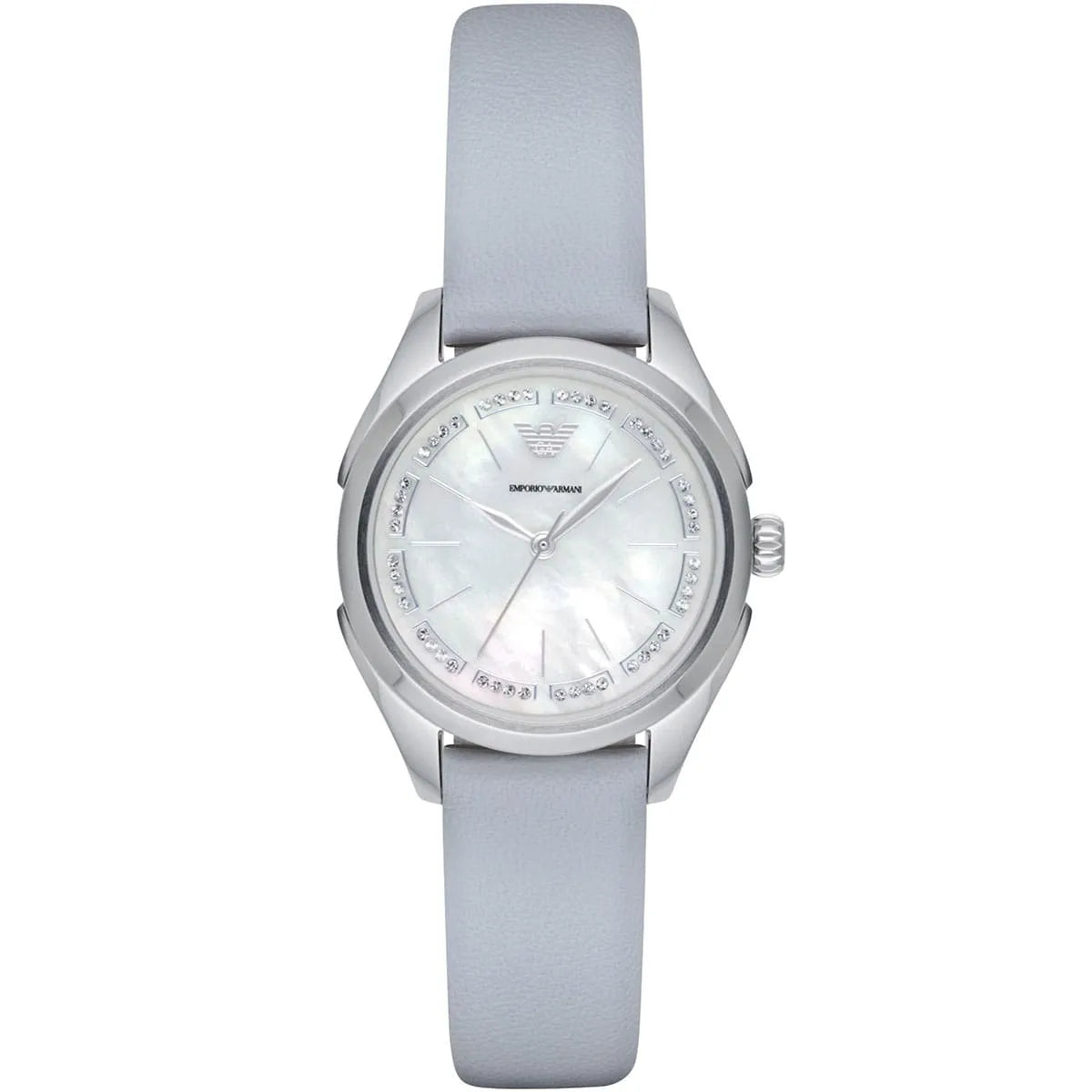 Emporio Armani Valeria women's watch with white mother-of-pearl dial and gray leather strap