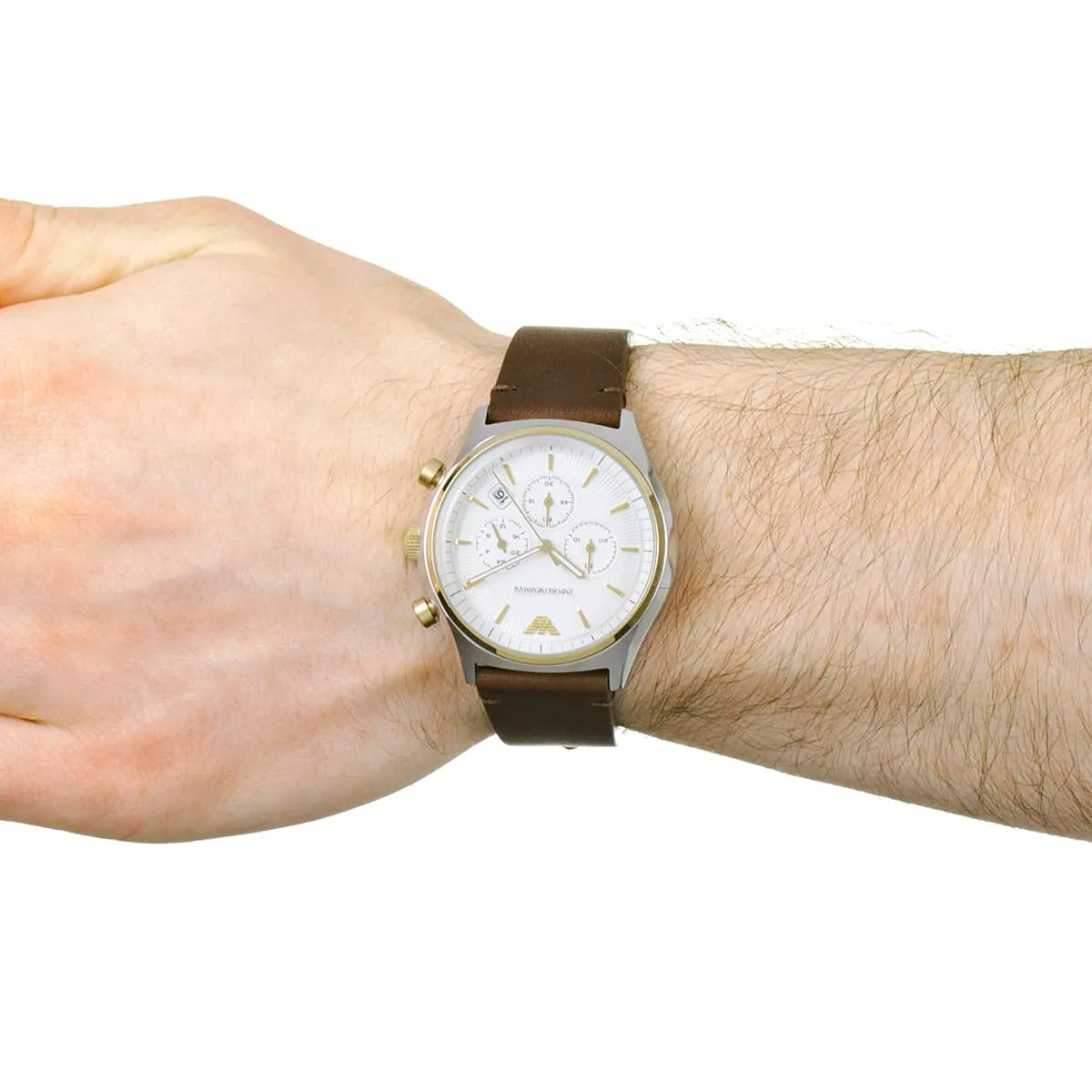 Emporio Armani AR11033 watch on wrist displaying chronograph subdials and two-tone case