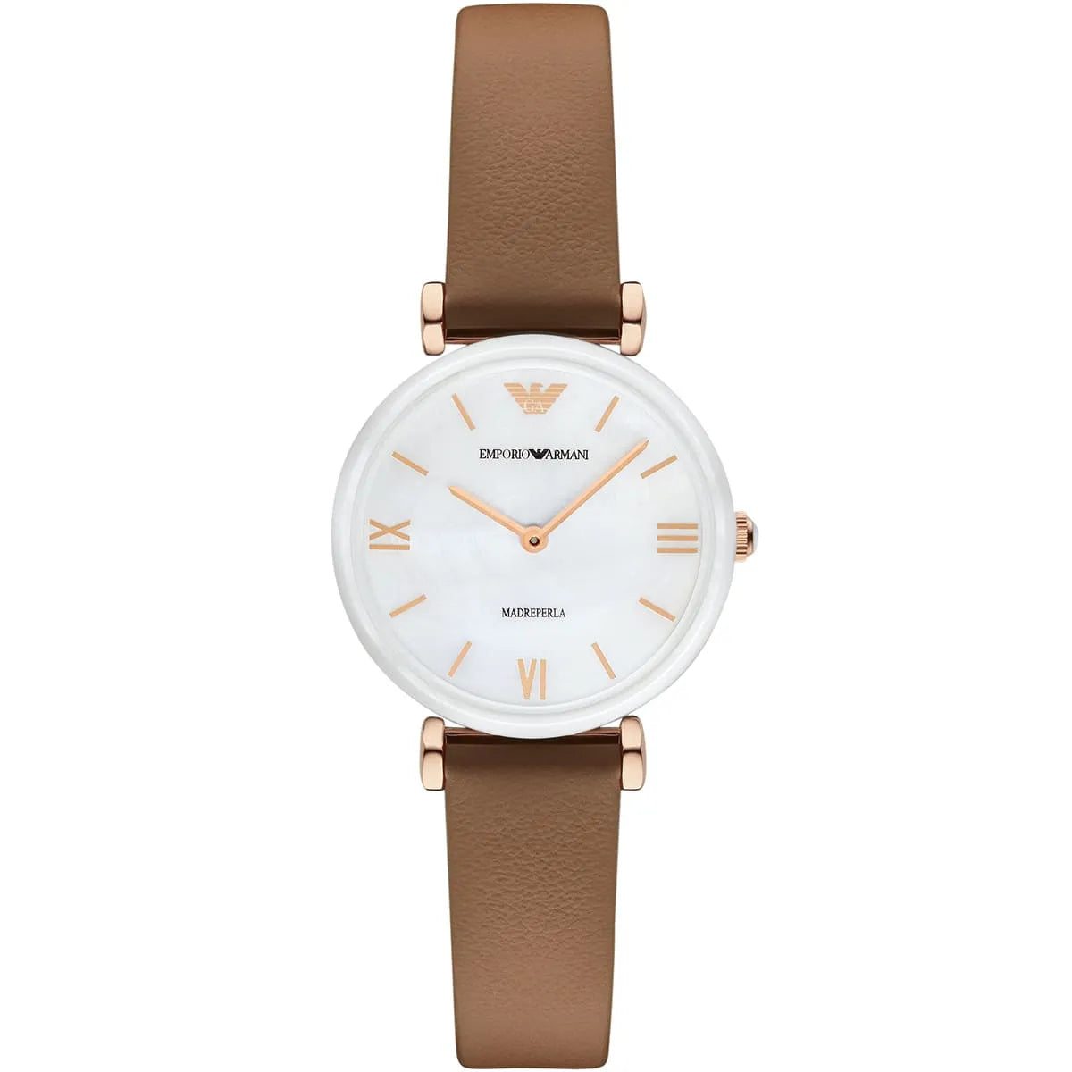 Emporio Armani Gianni T-Bar women's watch with white dial, rose gold hands and indices, brown leather strap