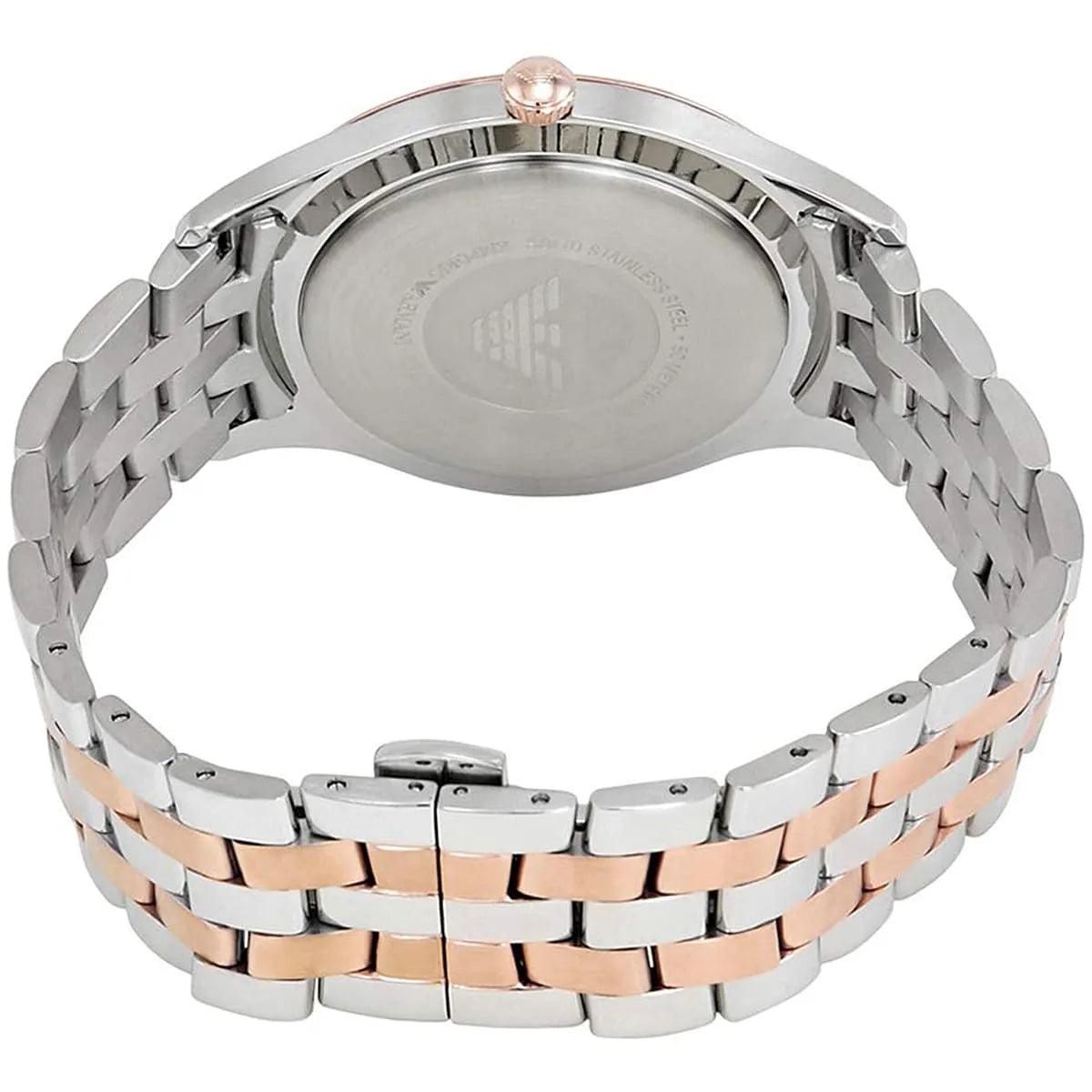 AR11044 Emporio Armani caseback with Emporio Armani eagle logo and two-tone metal bracelet