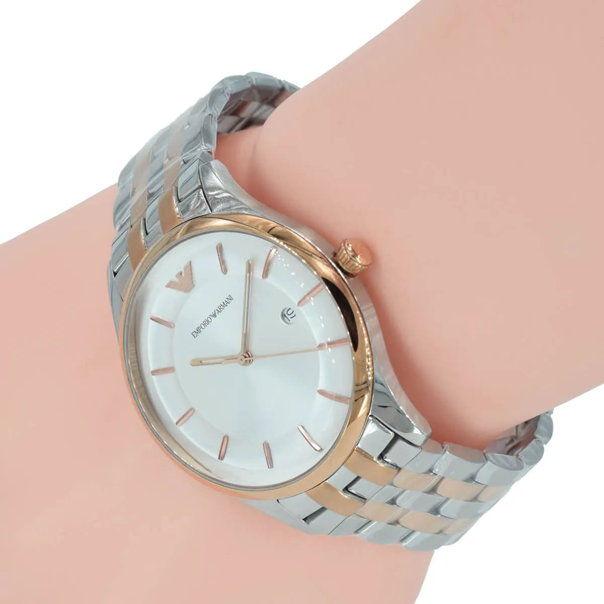 Emporio Armani AR11044 two-tone watch on wrist showing silver dial and mixed metal bracelet