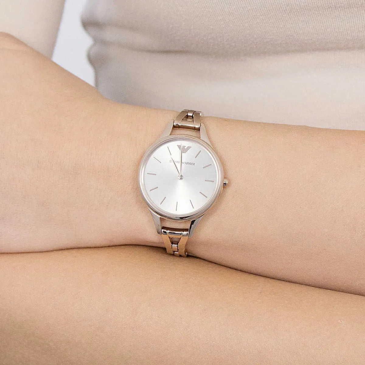 Emporio Armani AR11055 women's dress watch on wrist lifestyle shot