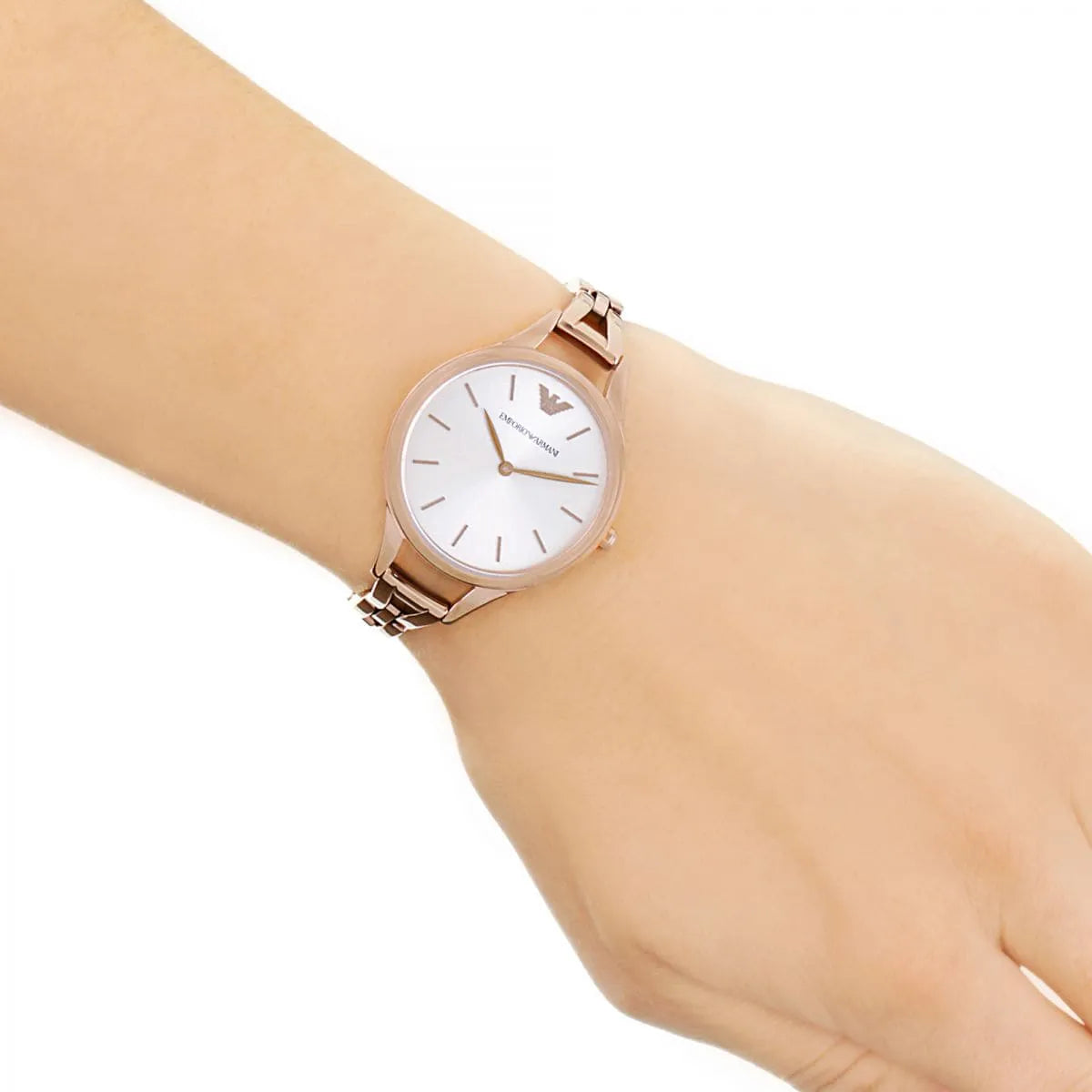 Emporio Armani AR11055 rose gold women's watch worn on wrist