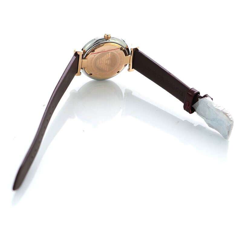 Emporio Armani Luigi AR11061 caseback with rose gold-tone metal and dark leather strap