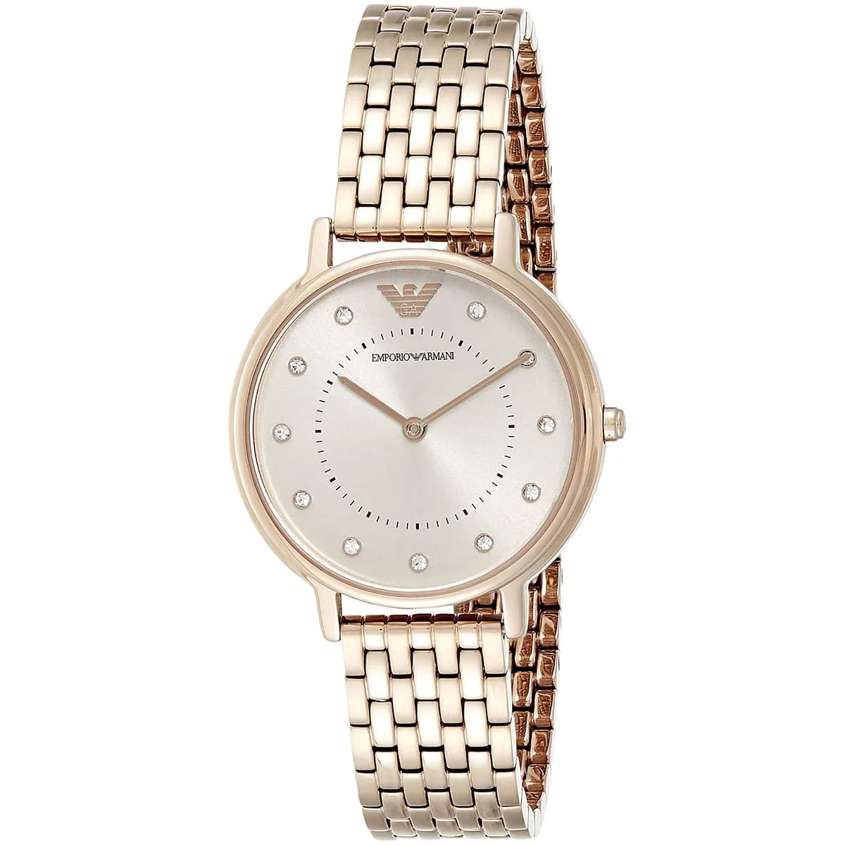 Emporio Armani AR11062 three-quarter view showing rose gold case and metal bracelet