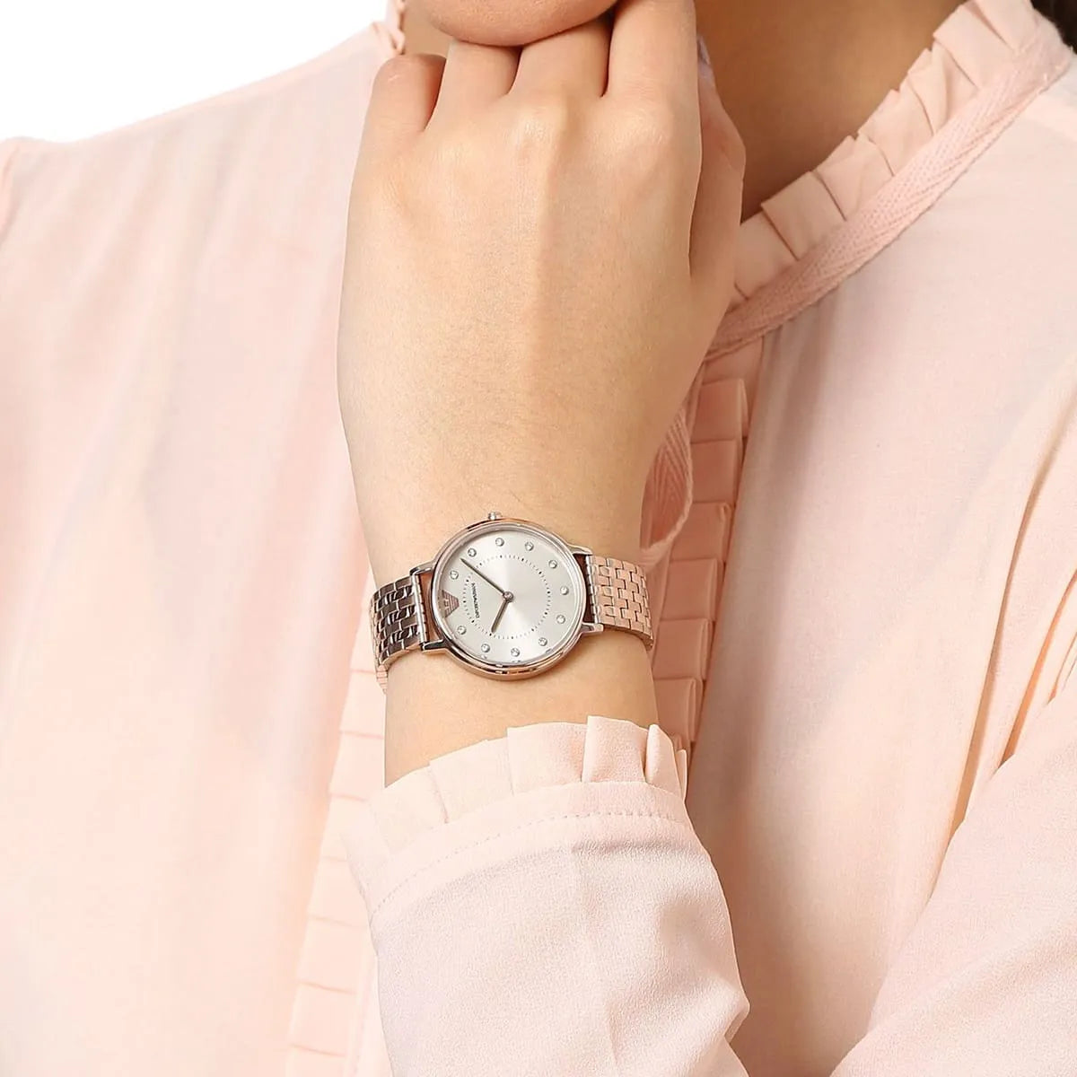 Emporio Armani AR11062 on wrist with rose gold case and bracelet strap