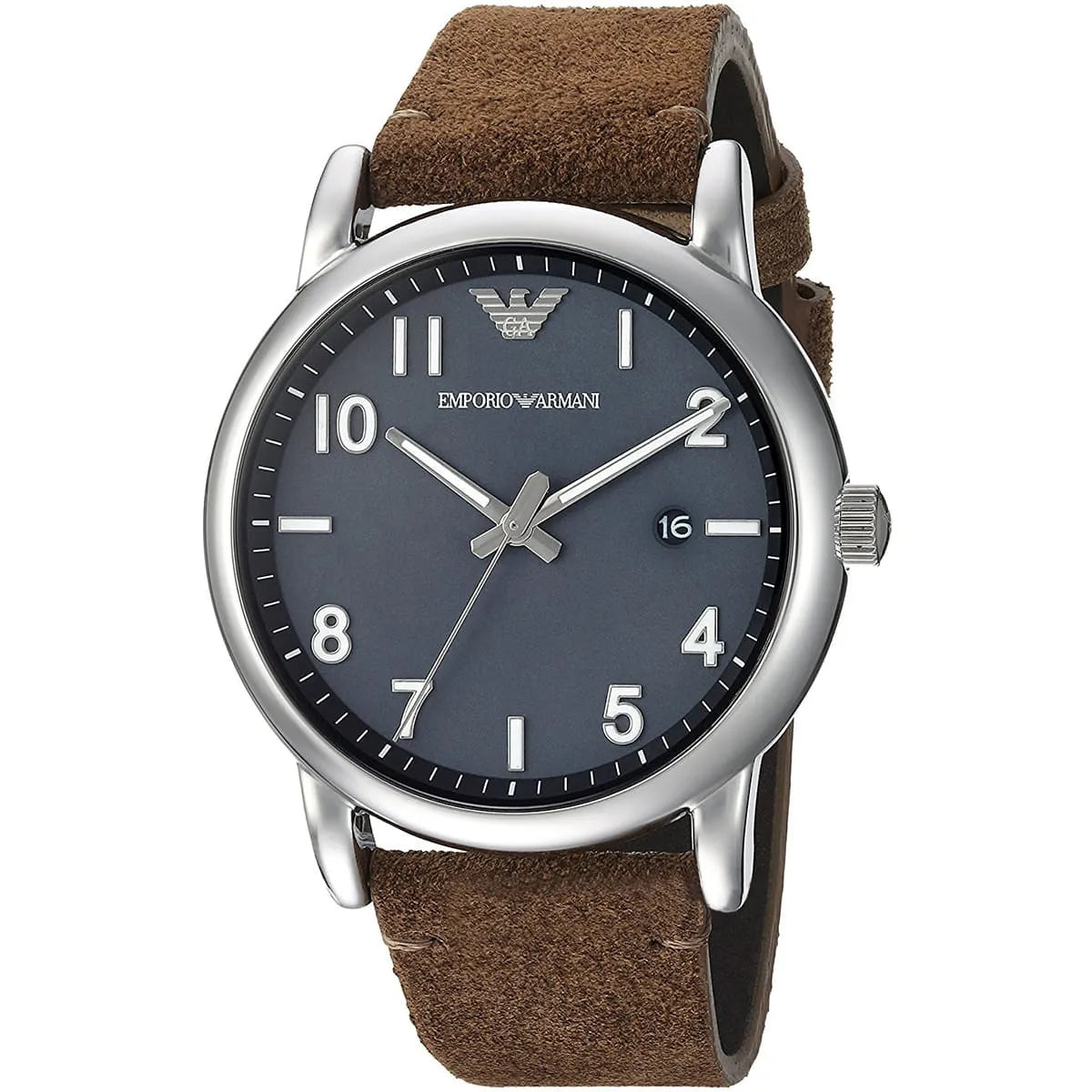Emporio Armani Luigi watch front view with gray dial and date window at 3 o'clock